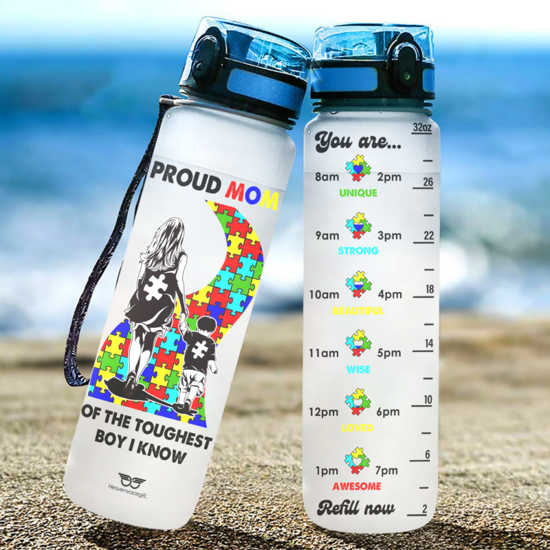 BEST Autism Proud Mom Of The Toughest Boy I Know Water Tracker Bottle1